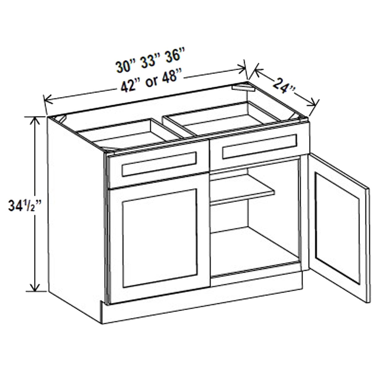 Kitchen Base Cabinets - 48W x 34-1/2H x 24D - Blue Shaker Cabinet