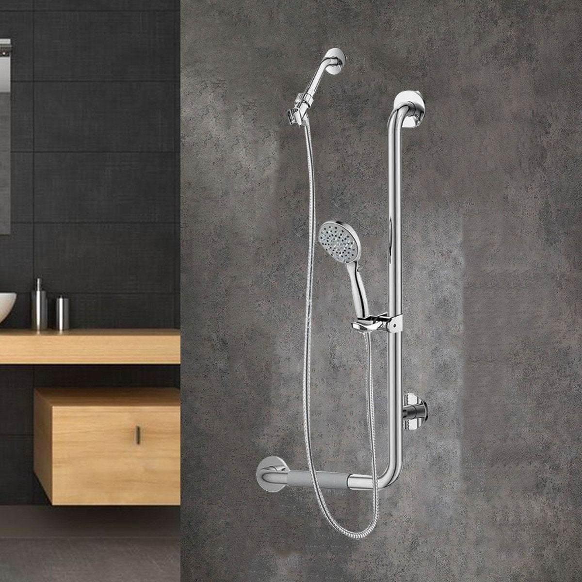 31.5X13.7X3.6 Right-Hand Grip Shower System - Stainless Steel - ADA Compliant - Multi-function Hand Shower