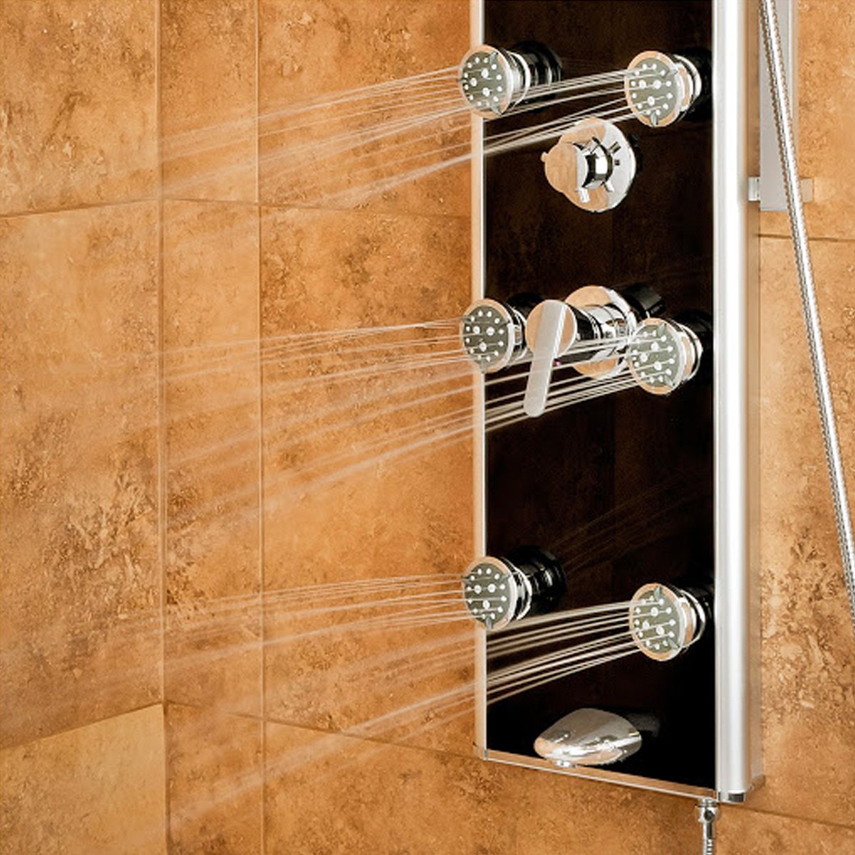 ShowerSpa Panel W/ 8" Rain Leilani Showerhead - 6 Dual-Function Body Spray Jets - Black 5/16" Tempered Tough Glass - Anodized Aluminum Frame