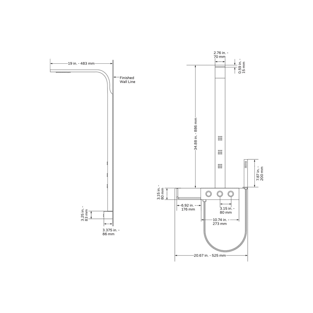 Paradise Sleek Shower System W/ 2.75" Showerhead - Rectangular - Surface Mounted - Multi Function Brushed Nickel Shower System