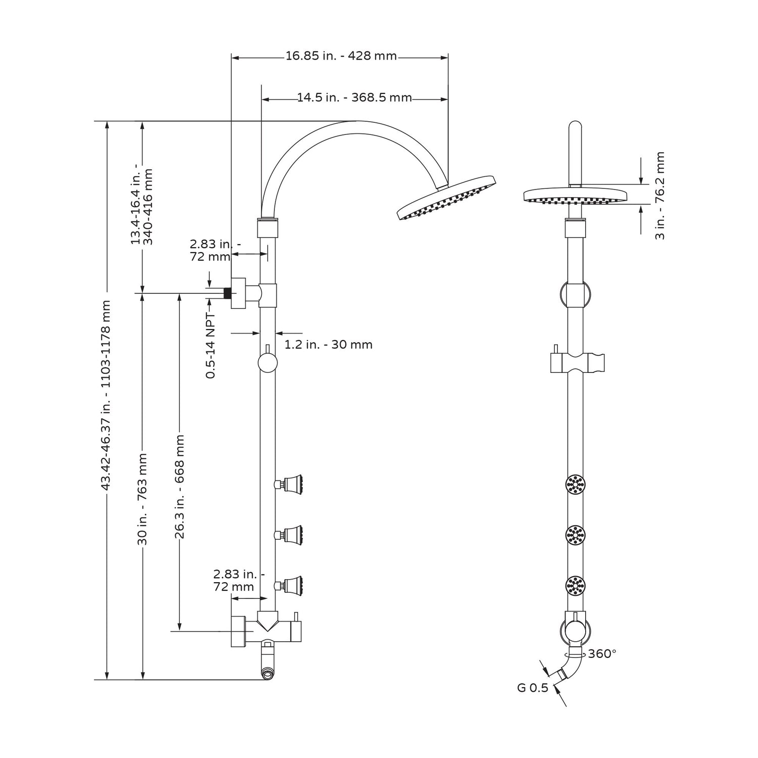 Riviera Chrome Finish Shower System W/ Multi Function Hand Shower - 8" Rain Showerhead - Adjustable - 3 Dual-Function Shower Jet System