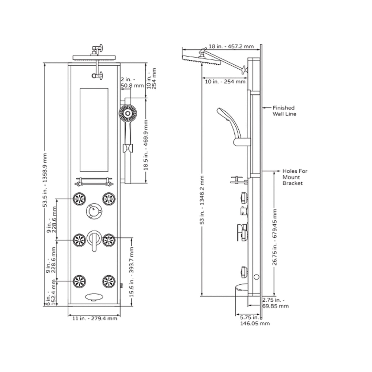 Silver Glass Shower Panel Kihei - Surface Mounted - 6 Dual-function Body Jet - 8mm Tough Glass - 5-Function Hand Shower Spa