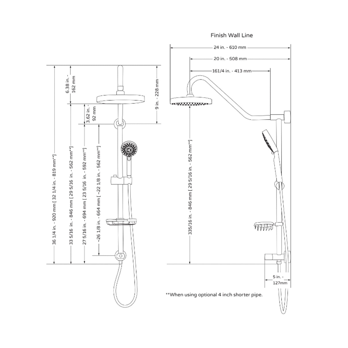 Rain Shower System W/ 8" Showerhead - 36.25"H X 8"W X 23.75"D - Brass - Adjustable Brass Slider - Surface Mounted Shower Systems