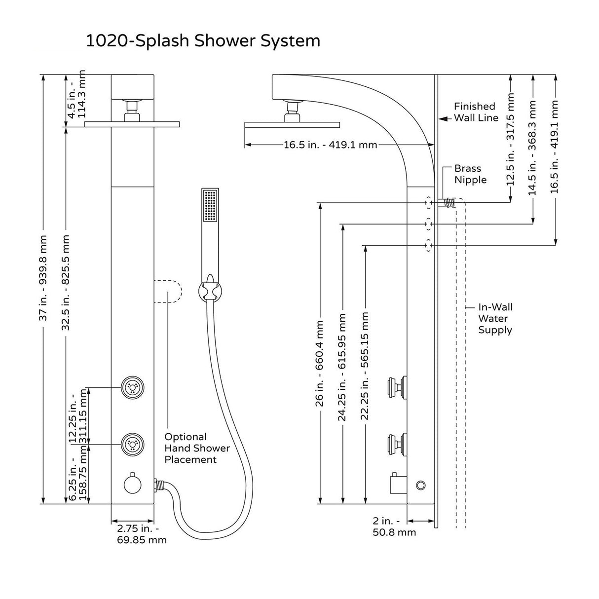 Silver Splash Single Function Shower System - Adjustable Brass Slider - Surface Mounted Shower Spa - 10 Years Warranty