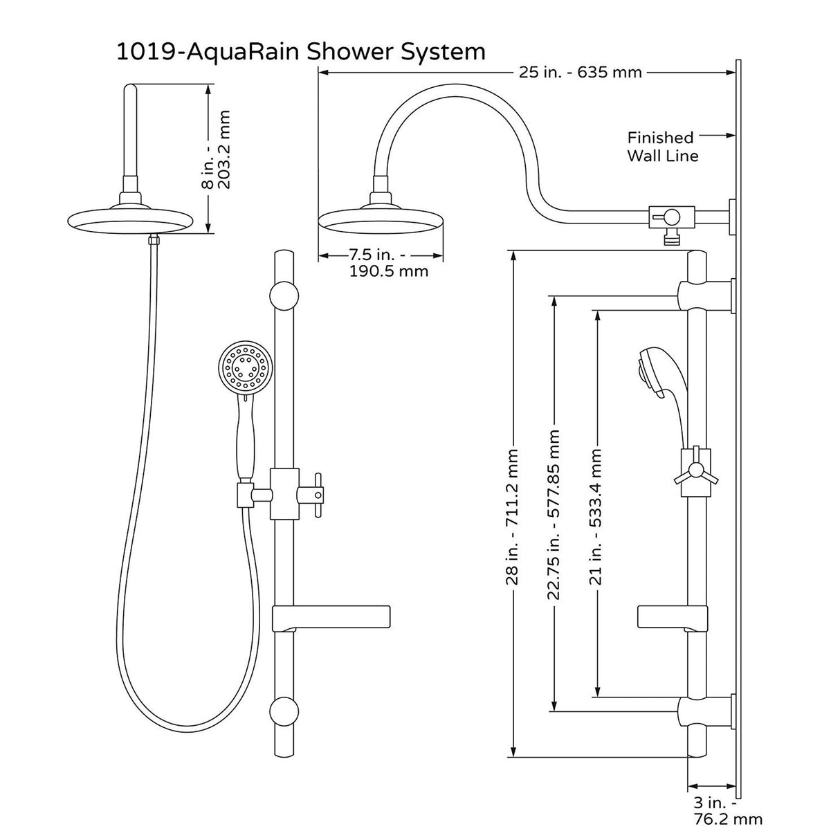 Multi Function 3 Spray Shower System - Aquarain W/ Handshower - Surface Mounted Shower Spa - 10 Years Warranty