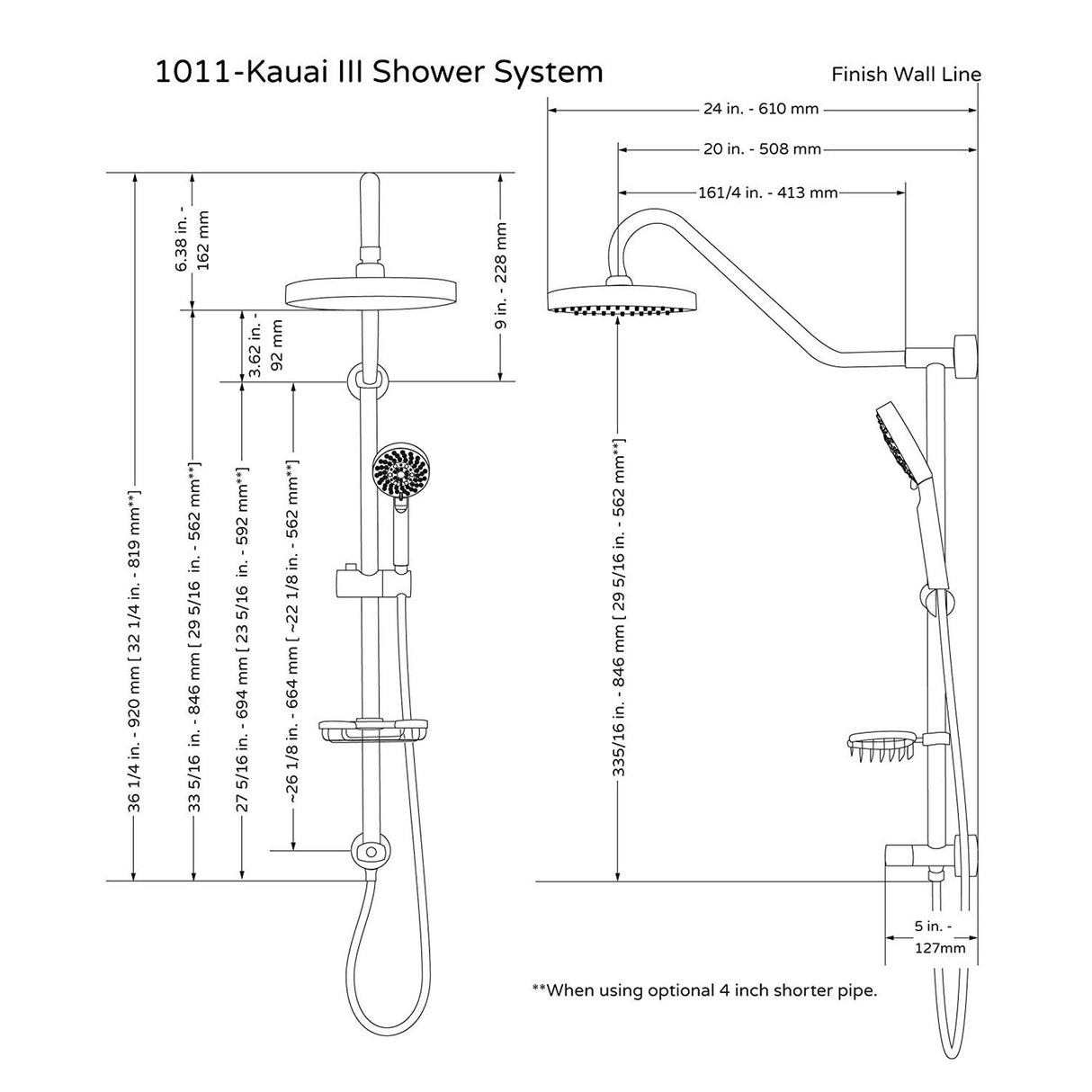 Rain Shower System W/ 8" Showerhead - Brass - Adjustable Brass Slider - Surface Mounted 5-Function Hand Shower