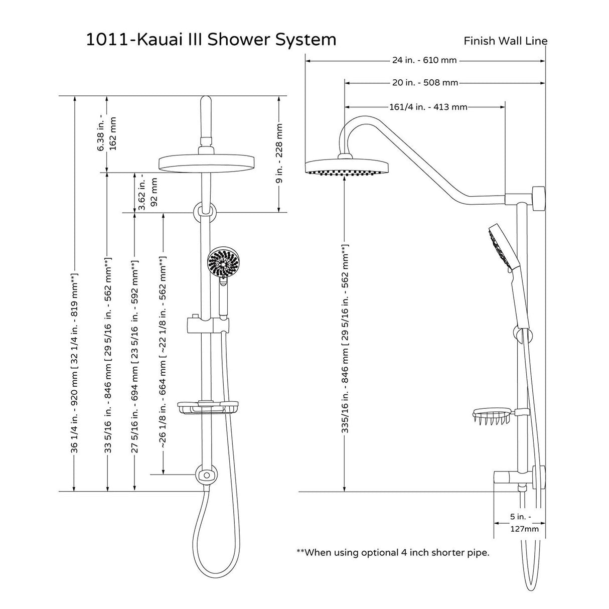 Rain Shower System W/ 8" Showerhead - 36.25"H X 8"W X 23.75"D - Brass - Adjustable Brass Slider - Surface Mounted Shower Systems