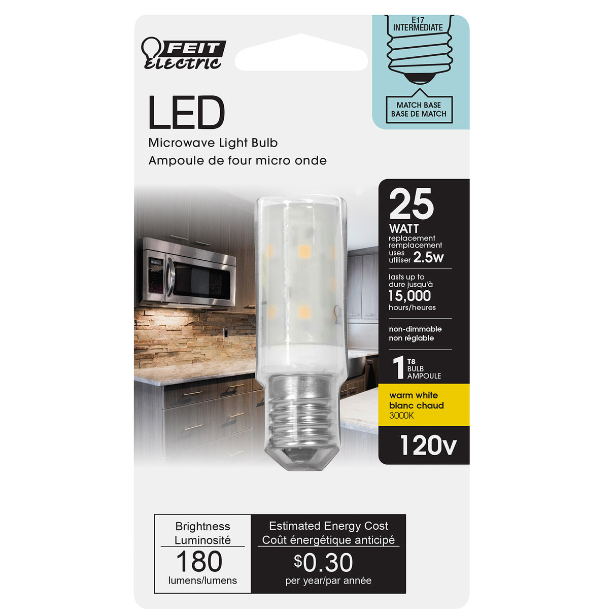 T8 LED Light Bulb with Intermediate E17 base, Clear, 3000K, 180 Lumens, 270 Lumens, Desk Lamp Bulb
