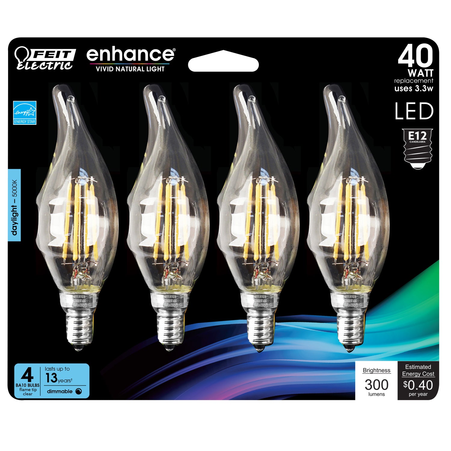 LED Light Bulbs, Candelabra Base, Flame Bent Tip Decorative LED Light Bulbs, Clear, Decorative Bulb, Torpedo, Flame, 4 Packs
