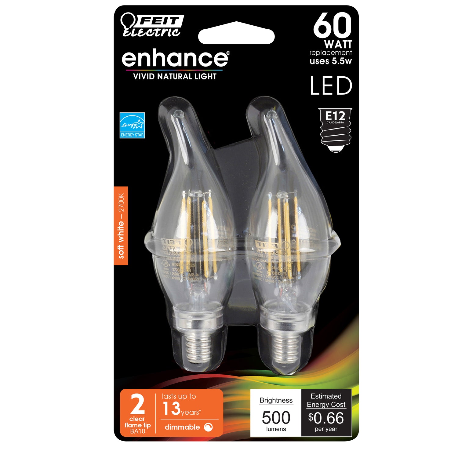 LED Bulbs, E12, Candelabra Base, Clear, Flame Bent Tip Decorative LED Light Bulbs, Bent Tip, 2 Packs