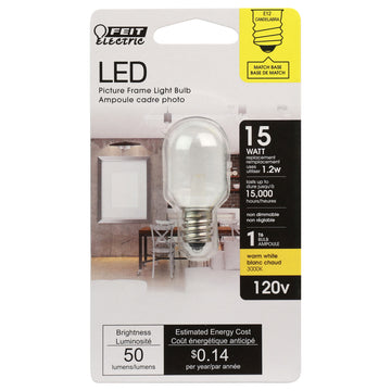 LED light bulb T6 Tubular, Clear, Candelabra Base, E12 Base, 3000K, 50 Lumens, Desk Lamp Bulb