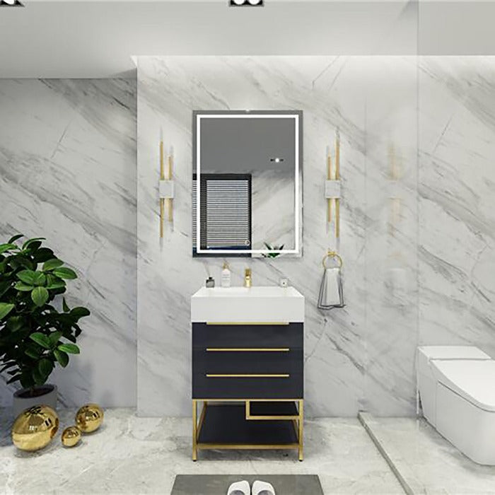 Blossom Freestanding Bathroom Vanity With Acrylic Sink, Drawers, Open Shelf Storage & Gold Hardware & Frame