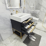 Blossom Freestanding Bathroom Vanity With Acrylic Sink, Drawers, Open Shelf Storage & Gold Hardware & Frame