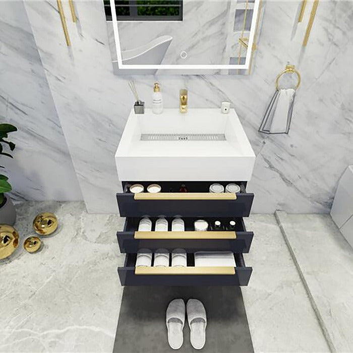 Blossom Freestanding Bathroom Vanity With Acrylic Sink, Drawers, Open Shelf Storage & Gold Hardware & Frame