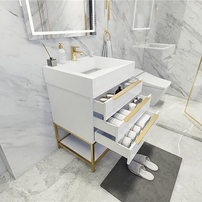 Blossom Freestanding Bathroom Vanity With Acrylic Sink, Drawers, Open Shelf Storage & Gold Hardware & Frame