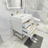 Blossom Freestanding Bathroom Vanity With Acrylic Sink, Drawers, Open Shelf Storage & Gold Hardware & Frame