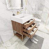 Blossom Freestanding Bathroom Vanity With Acrylic Sink, Drawers, Open Shelf Storage & Gold Hardware & Frame