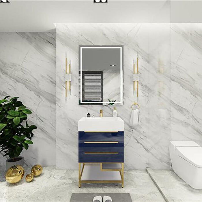 Blossom Freestanding Bathroom Vanity With Acrylic Sink, Drawers, Open Shelf Storage & Gold Hardware & Frame