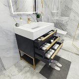 Blossom Freestanding Bathroom Vanity With Acrylic Sink, Drawers, Open Shelf Storage & Gold Hardware & Frame