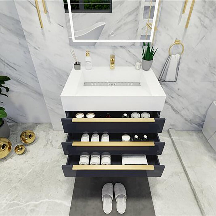 Blossom Freestanding Bathroom Vanity With Acrylic Sink, Drawers, Open Shelf Storage & Gold Hardware & Frame