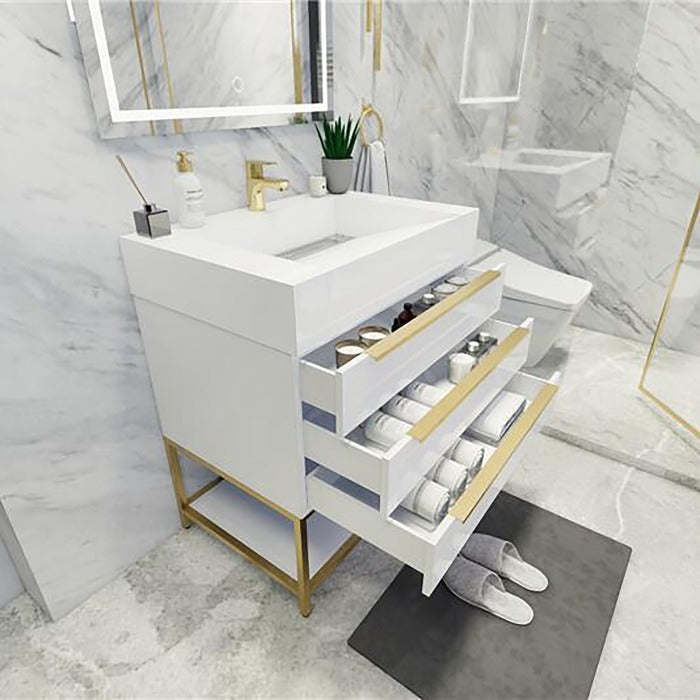 Blossom Freestanding Bathroom Vanity With Acrylic Sink, Drawers, Open Shelf Storage & Gold Hardware & Frame