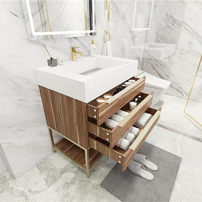 Blossom Freestanding Bathroom Vanity With Acrylic Sink, Drawers, Open Shelf Storage & Gold Hardware & Frame