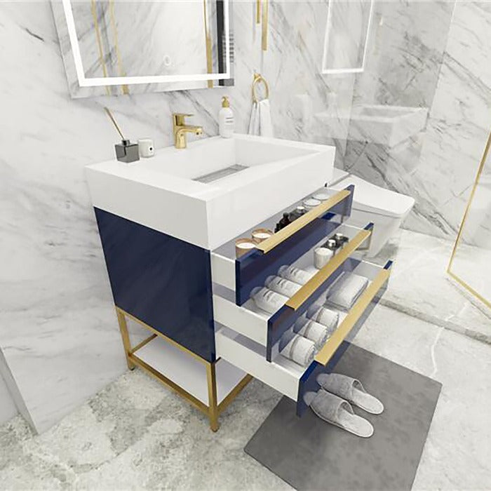 Blossom Freestanding Bathroom Vanity With Acrylic Sink, Drawers, Open Shelf Storage & Gold Hardware & Frame