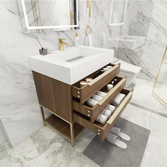 Blossom Freestanding Bathroom Vanity With Acrylic Sink, Drawers, Open Shelf Storage & Gold Hardware & Frame