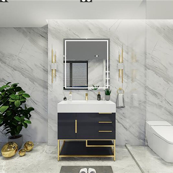 Blossom Freestanding Bathroom Vanity With Acrylic Sink, Drawers, Open Shelf Storage & Gold Hardware & Frame