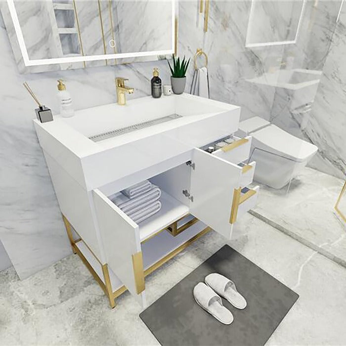 Blossom Freestanding Bathroom Vanity With Acrylic Sink, Drawers, Open Shelf Storage & Gold Hardware & Frame