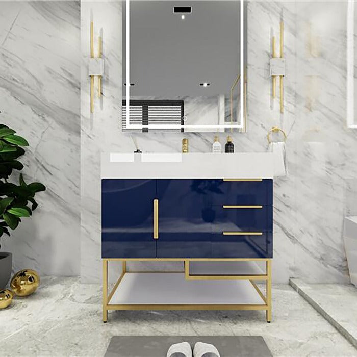 Blossom Freestanding Bathroom Vanity With Acrylic Sink, Drawers, Open Shelf Storage & Gold Hardware & Frame