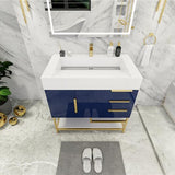 Blossom Freestanding Bathroom Vanity With Acrylic Sink, Drawers, Open Shelf Storage & Gold Hardware & Frame