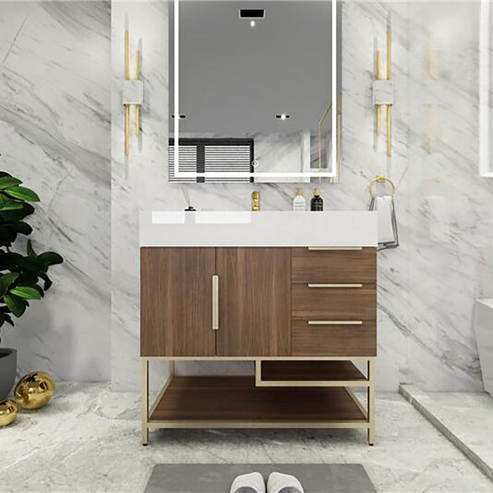 Blossom Freestanding Bathroom Vanity With Acrylic Sink, Drawers, Open Shelf Storage & Gold Hardware & Frame