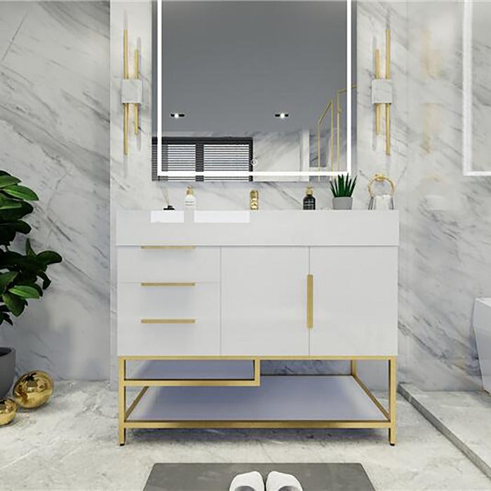 Blossom Freestanding Bathroom Vanity With Acrylic Sink, Drawers, Open Shelf Storage & Gold Hardware & Frame