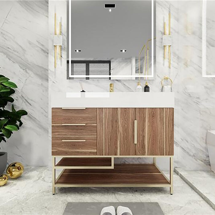 Blossom Freestanding Bathroom Vanity With Acrylic Sink, Drawers, Open Shelf Storage & Gold Hardware & Frame