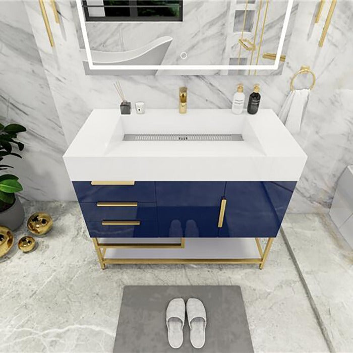 Blossom Freestanding Bathroom Vanity With Acrylic Sink, Drawers, Open Shelf Storage & Gold Hardware & Frame