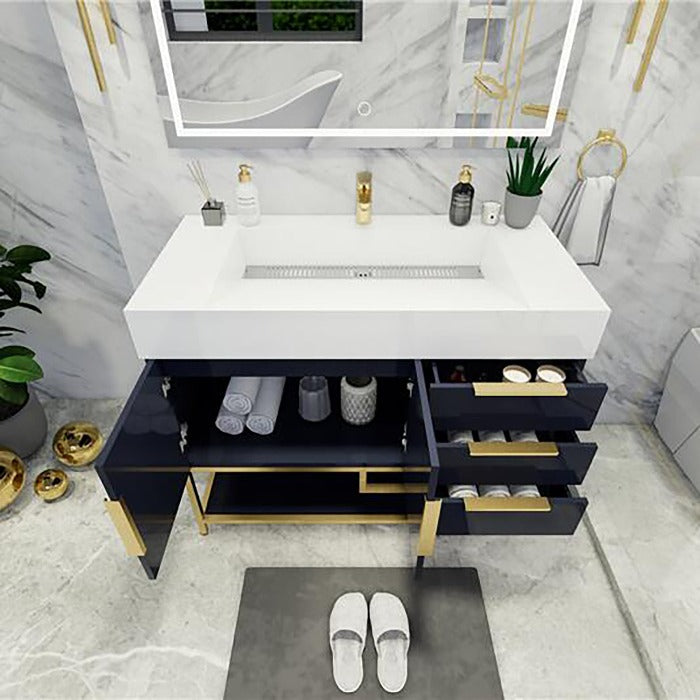 Blossom Freestanding Bathroom Vanity With Acrylic Sink, Drawers, Open Shelf Storage & Gold Hardware & Frame