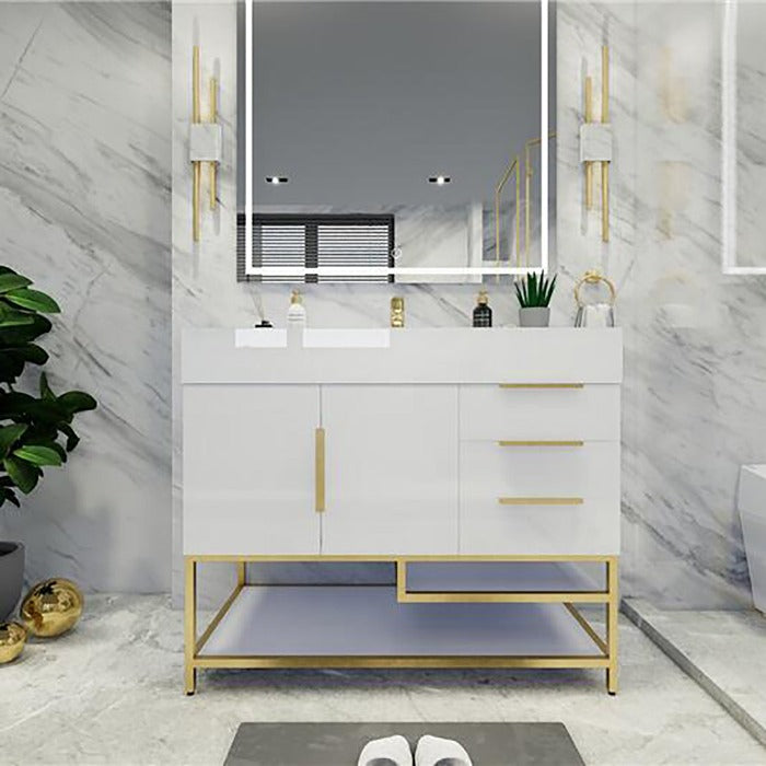 Blossom Freestanding Bathroom Vanity With Acrylic Sink, Drawers, Open Shelf Storage & Gold Hardware & Frame