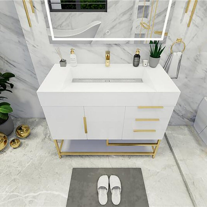 Blossom Freestanding Bathroom Vanity With Acrylic Sink, Drawers, Open Shelf Storage & Gold Hardware & Frame