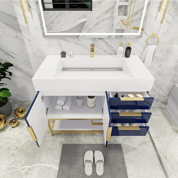 Blossom Freestanding Bathroom Vanity With Acrylic Sink, Drawers, Open Shelf Storage & Gold Hardware & Frame