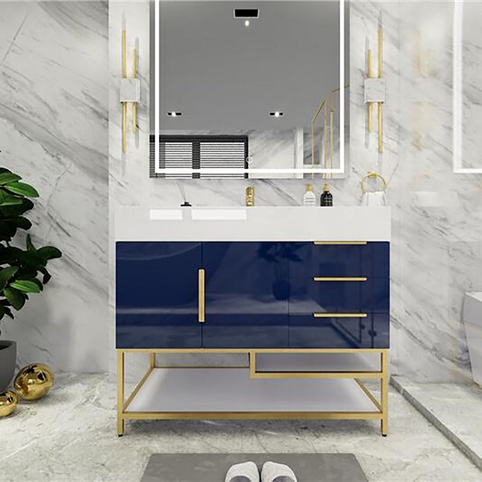 Blossom Freestanding Bathroom Vanity With Acrylic Sink, Drawers, Open Shelf Storage & Gold Hardware & Frame