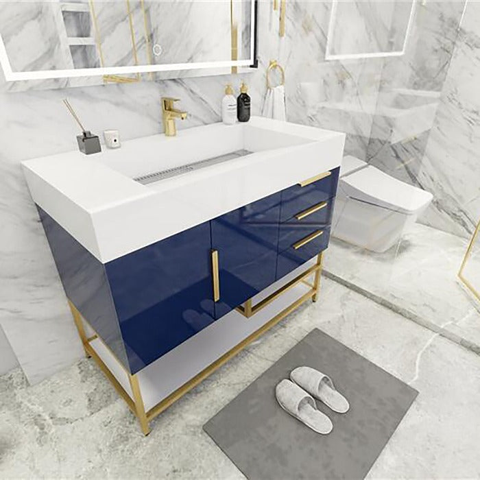 Blossom Freestanding Bathroom Vanity With Acrylic Sink, Drawers, Open Shelf Storage & Gold Hardware & Frame