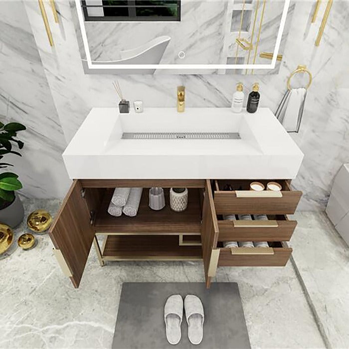 Blossom Freestanding Bathroom Vanity With Acrylic Sink, Drawers, Open Shelf Storage & Gold Hardware & Frame