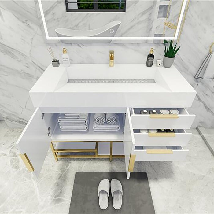 Blossom Freestanding Bathroom Vanity With Acrylic Sink, Drawers, Open Shelf Storage & Gold Hardware & Frame