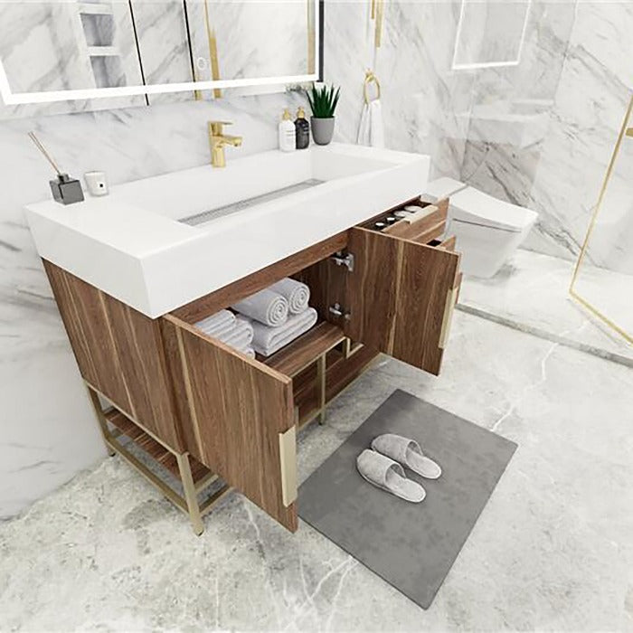 Blossom Freestanding Bathroom Vanity With Acrylic Sink, Drawers, Open Shelf Storage & Gold Hardware & Frame