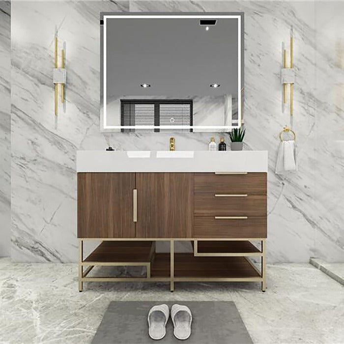 Blossom Freestanding Bathroom Vanity With Acrylic Sink, Drawers, Open Shelf Storage & Gold Hardware & Frame