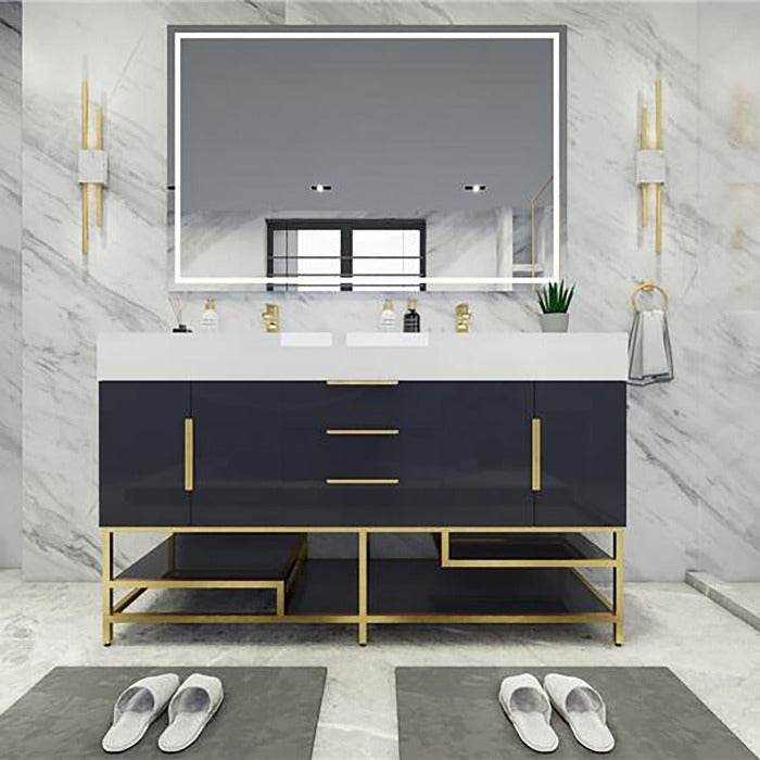 Blossom Freestanding Bathroom Vanity With Acrylic Sink, Drawers, Open Shelf Storage & Gold Hardware & Frame