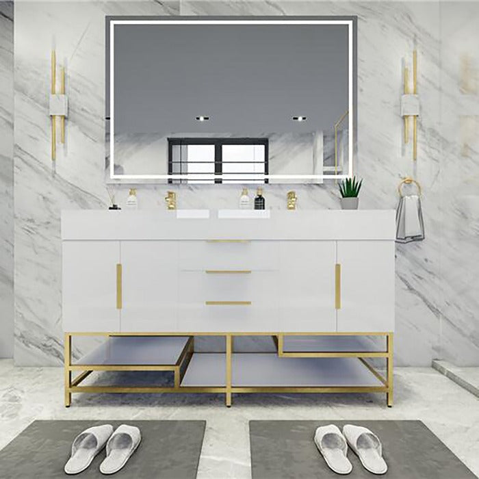 Blossom Freestanding Bathroom Vanity With Acrylic Sink, Drawers, Open Shelf Storage & Gold Hardware & Frame