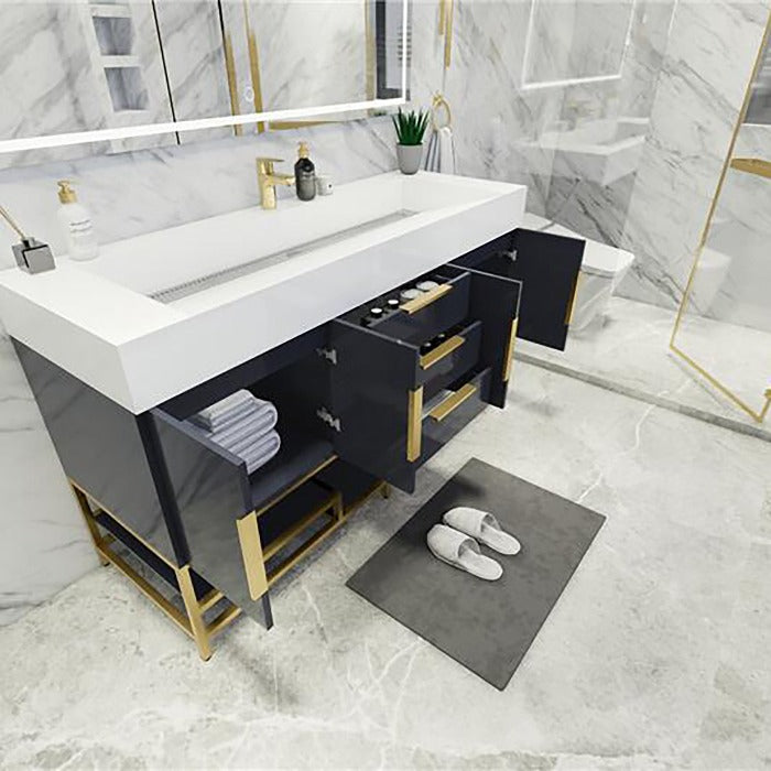 Blossom Freestanding Bathroom Vanity With Acrylic Sink, Drawers, Open Shelf Storage & Gold Hardware & Frame