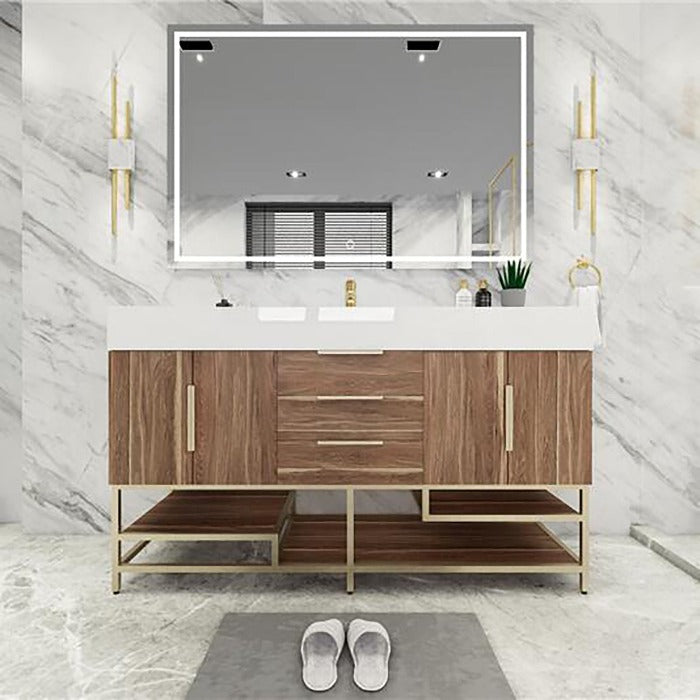 Blossom Freestanding Bathroom Vanity With Acrylic Sink, Drawers, Open Shelf Storage & Gold Hardware & Frame